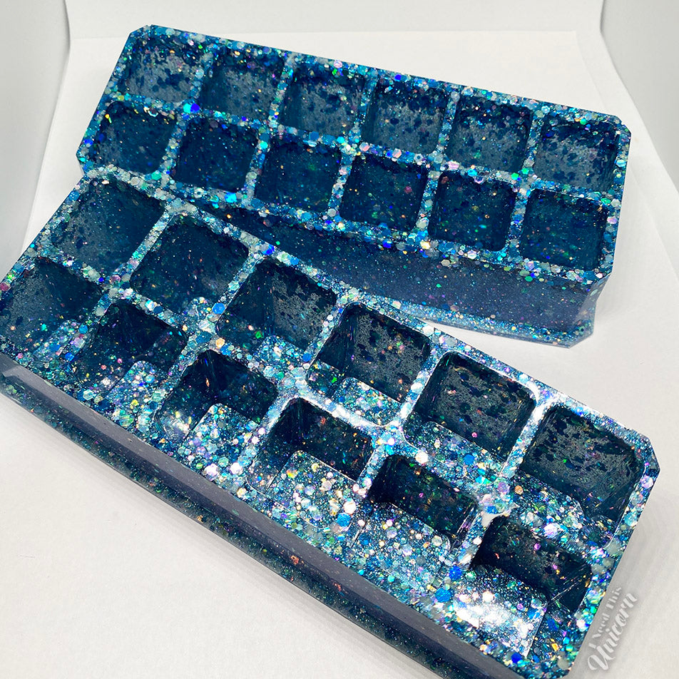 Glittery blue resin lipstick organizer with 12 slots