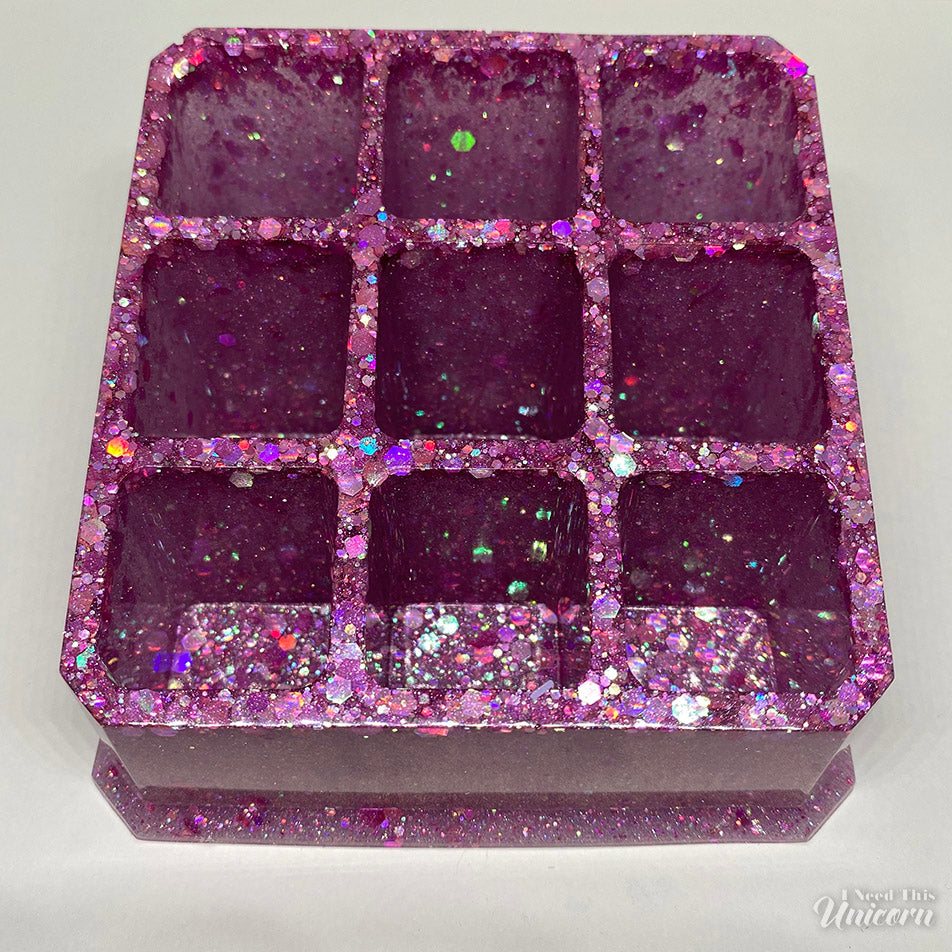 Pink holographic and iridescent glitter resin 9-well lipstick organizer