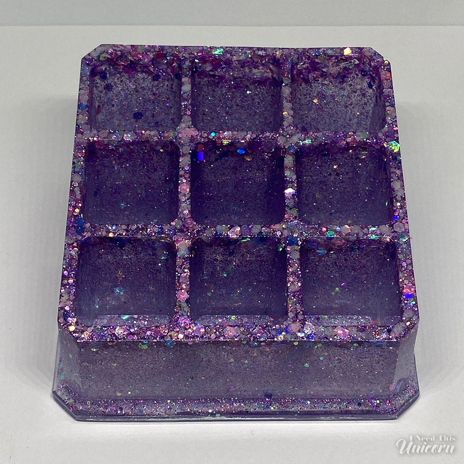 Purple holographic and iridescent glitter resin 9-well lipstick organizer