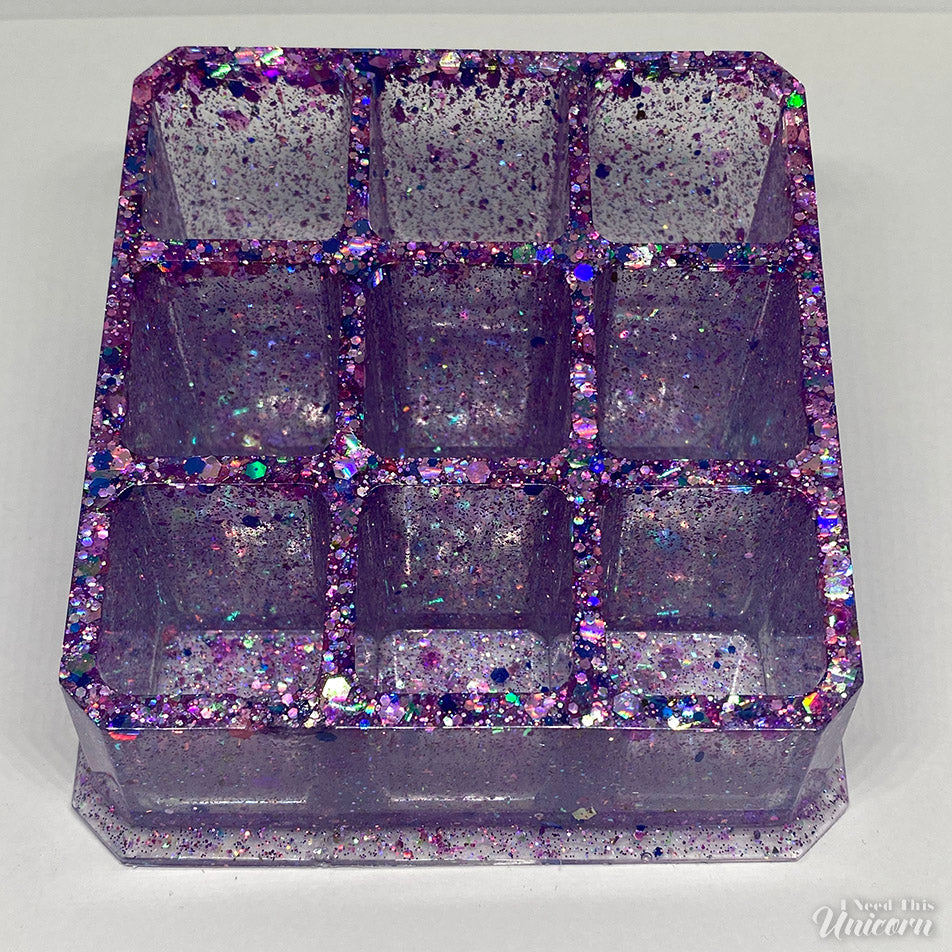 Purple holographic and iridescent glitter resin 9-well lipstick organizer