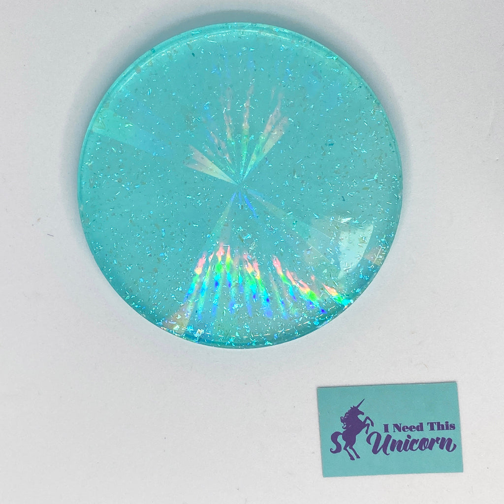 Aqua Blue Holographic Coaster with Iridescent Glitter