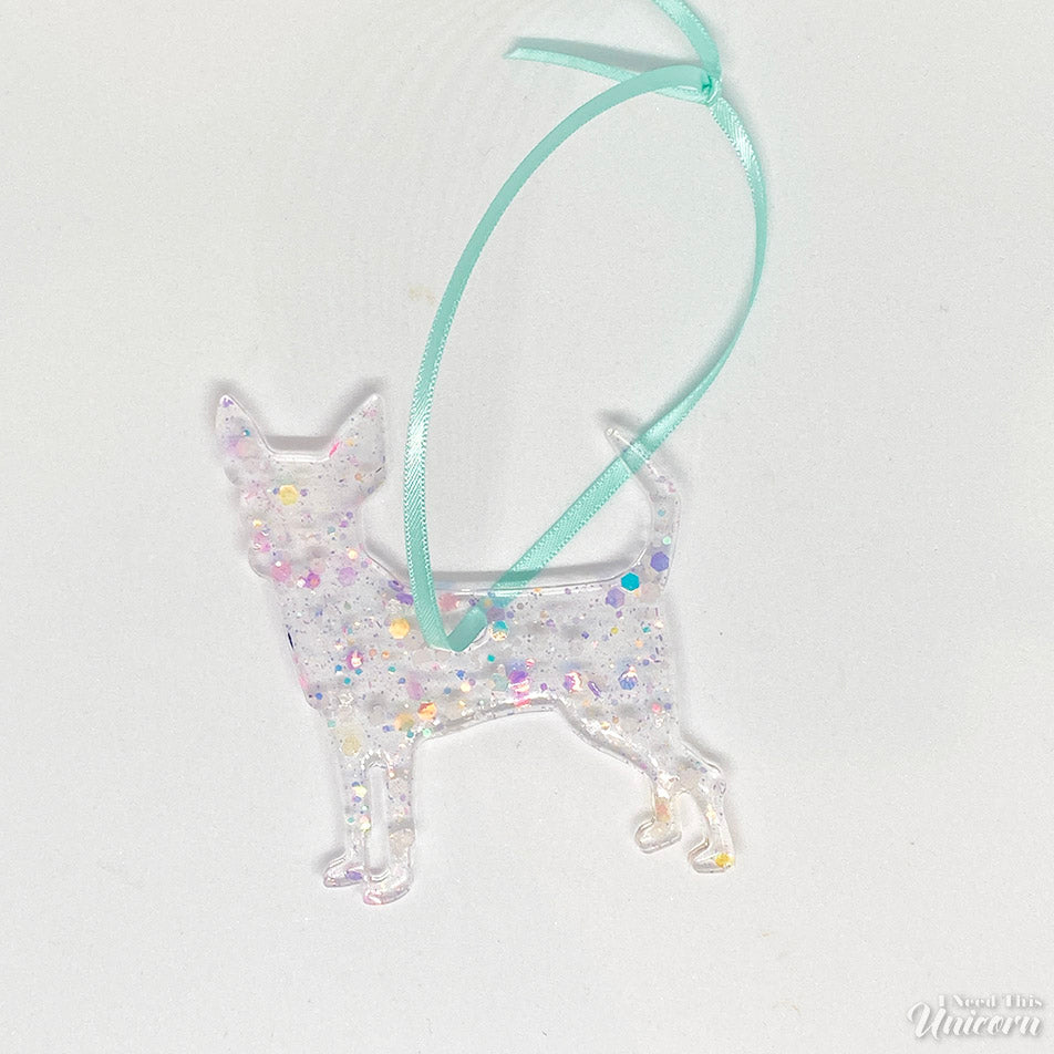 Clear Confetti Princess Buttercup Chihuahua Ornament