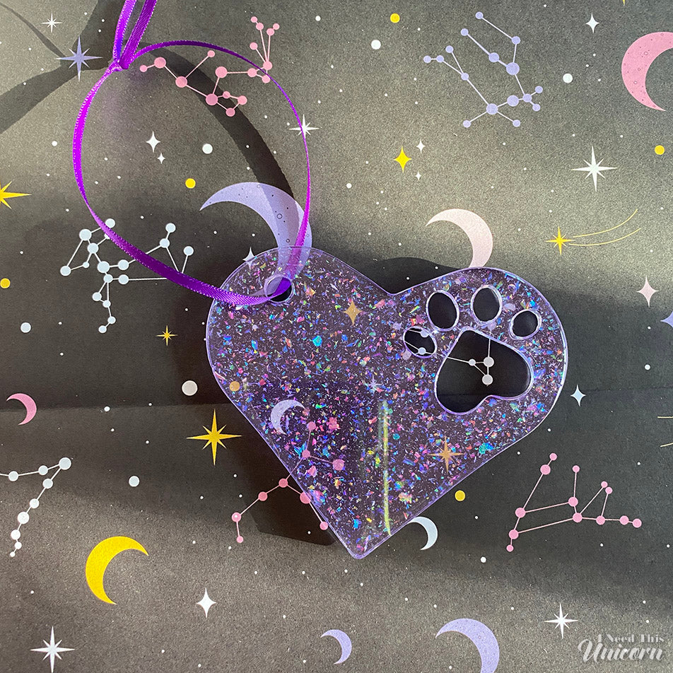 Heart Paw Print Glitter Holiday Ornament- Purple