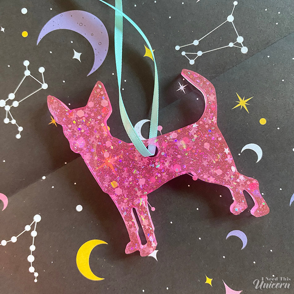 Princess Buttercup Chihuahua Glow-in-the-Dark Glitter Holiday Ornament- Hot Pink