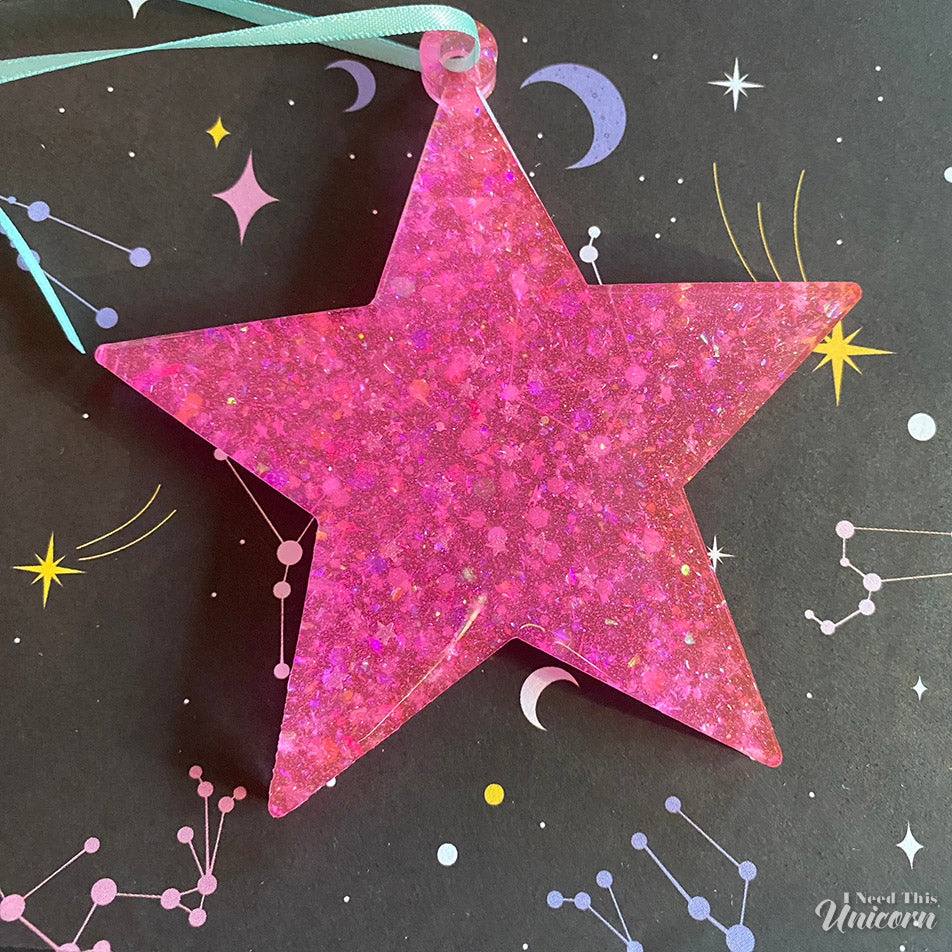 Hot Pink Holographic Star Ornament with Glow-in-the-Dark Glitter