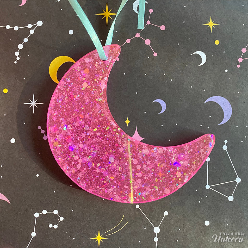 Crescent Moon Glow-in-the-Dark Glitter Holiday Ornament- Hot Pink