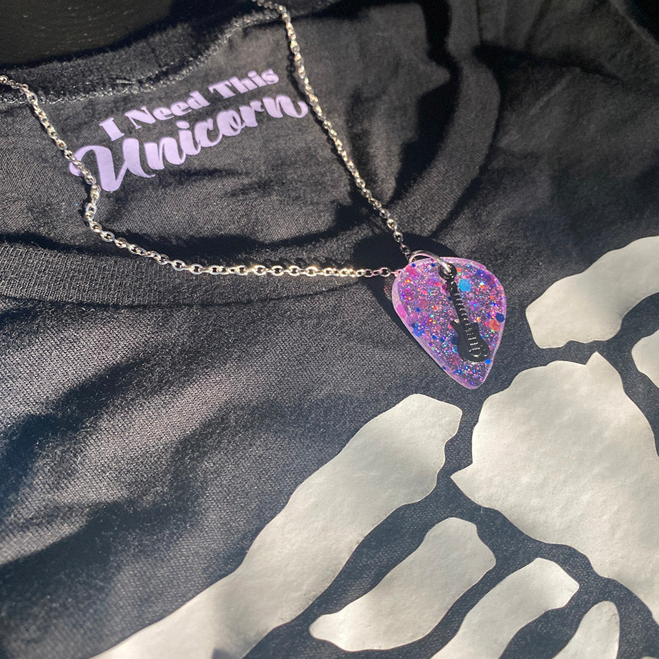 Glitter Guitar Pick Necklace in Lilac Sorcery