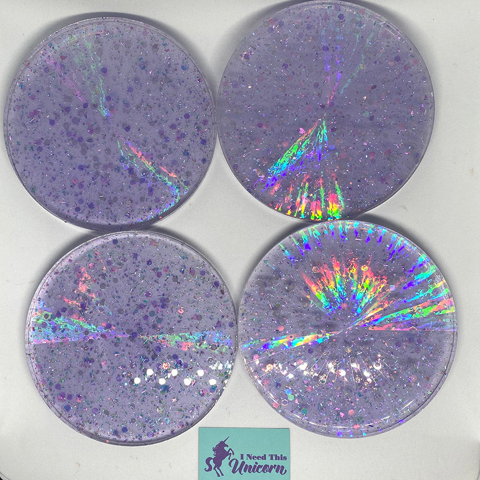Holographic Purple Coaster Set of 4 with Iridescent and Glow-in-the-Dark Glitter