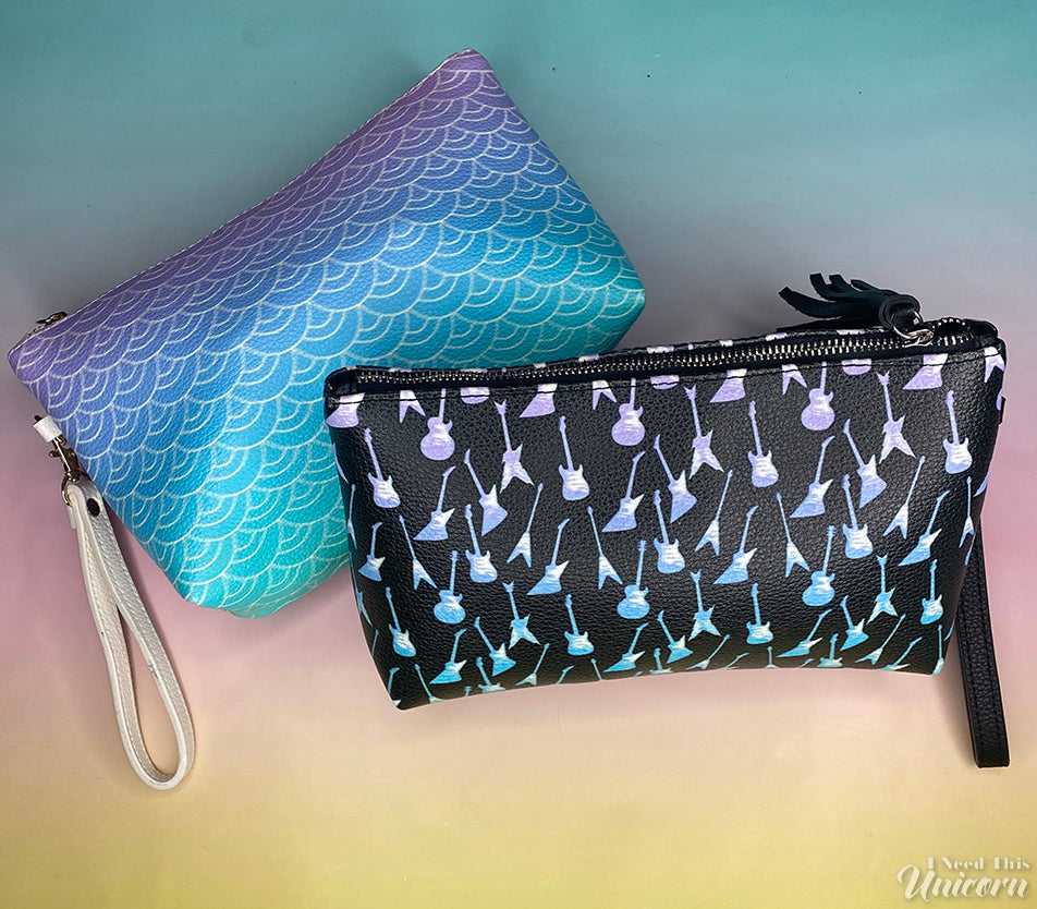 Blue and Purple mermaid print and electric guitar cosmetic bags