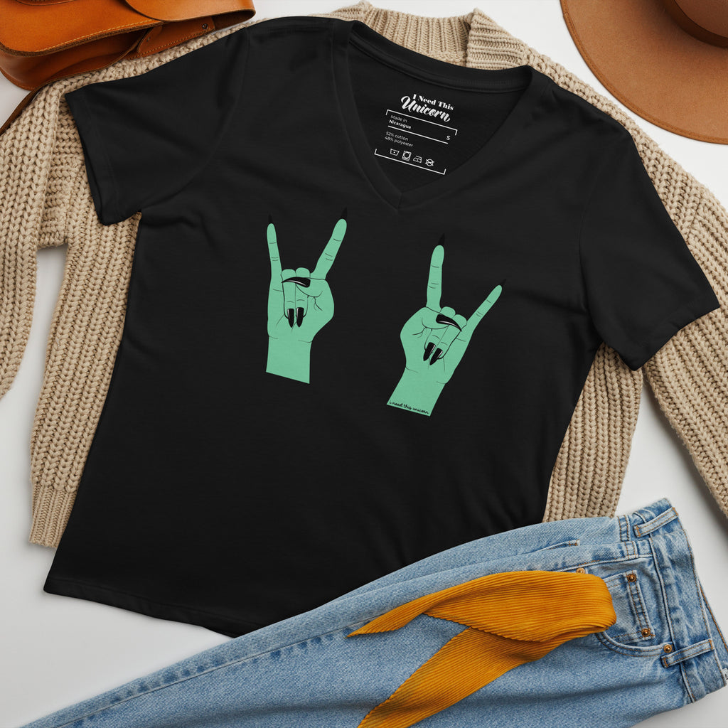 Witch Hands Doing the Metal Rock N Roll Devil Horn Symbol on a Black Tee