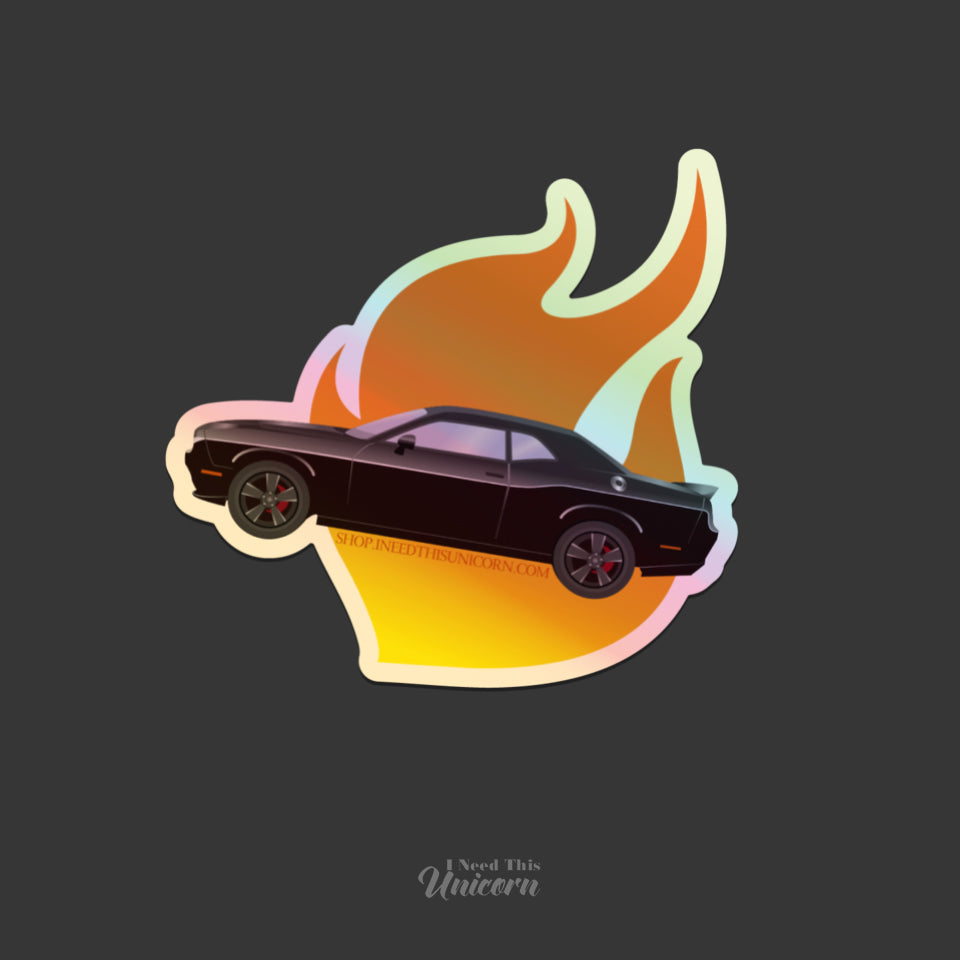 Dodge Challenger muscle car die-cut holographic sticker with flames.