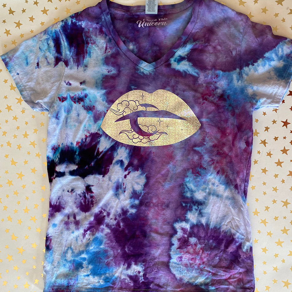 Celestial Lips Ice Dyed V-Neck Tee in Silver Shattered Glass Holographic, Size: Medium